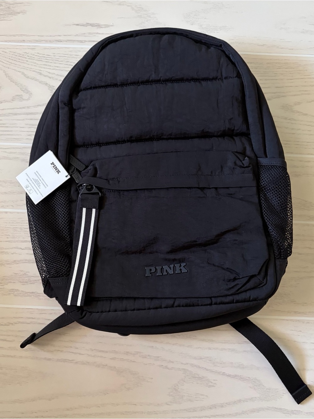 PINK Victoria's Secret Black Quilted Puffer Backpack with Stripe Accent